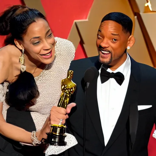 Prompt: Will Smith slapping himself at the oscars while his wife Jada laughs maniacally