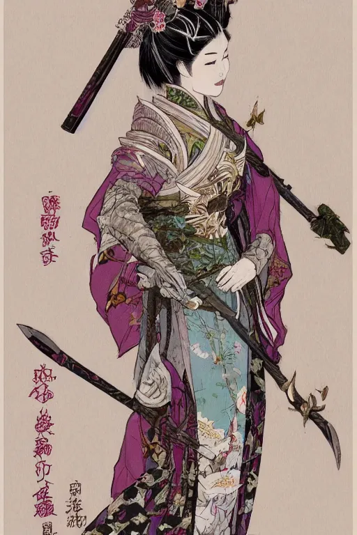 Image similar to full - bodied portrait, female changeling in rose - patterned eastern light armor, wielding a decorated halberd, wearing sandals, barefoot, geisha mask, realistic proportions, reasonable fantasy, ghostblade, wlop.