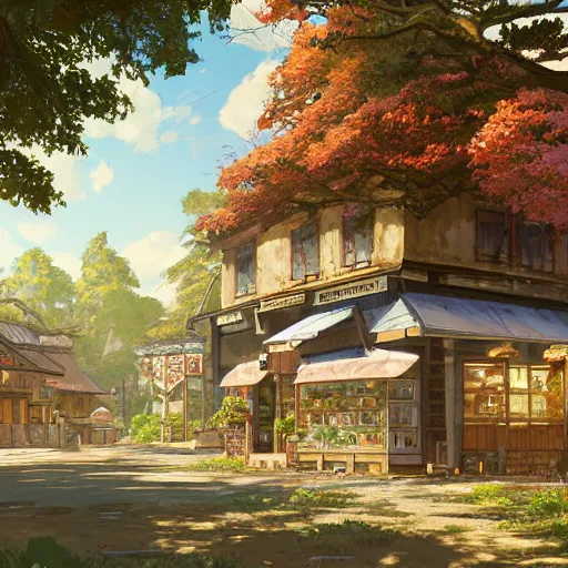 Image similar to concept art painting of a historic bakery with european and japanese architecture, in a woodland village surrounded by trees, realistic, detailed, cel shaded, in the style of makoto shinkai and greg rutkowski and james gurney