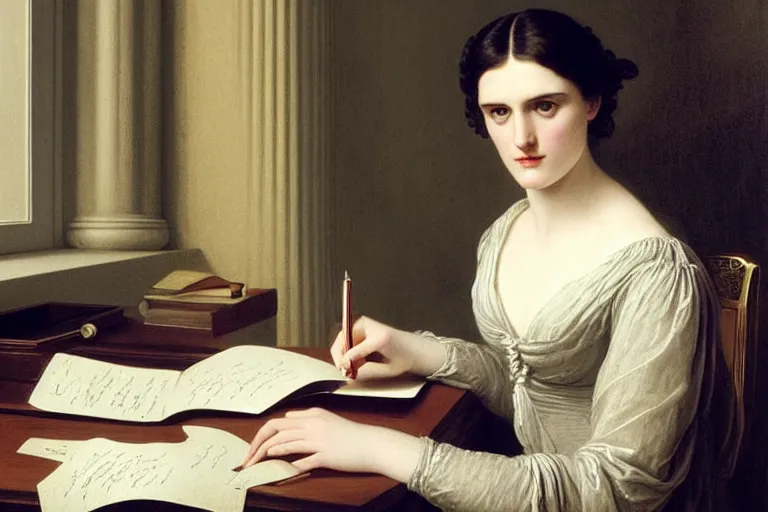 Prompt: 1 8 1 0 s katie mcgrath writing at her desk by vittorio reggianini, bright lighting, perfectly detailed eyes, beautiful hands, pale skin, clear face