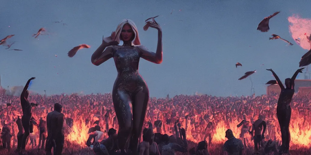 Image similar to realistic cinematic views of a orwellian coachella with fires in the background and dead seagulls falling from the sky in front of the main stage worshipping a large statue of kylie jenner, hyper detailed, terror glows, hyper realistic, digital painting, 8 k, 3 5 mm film grain, octane render