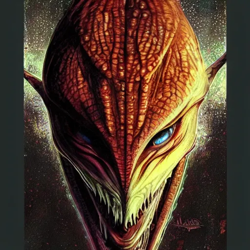 Image similar to a simple centered portrait of a predatory alien species. an award winning yoshitaka amano digital art poster color painting. a masterpiece by james gurney. poster colour on canvas.