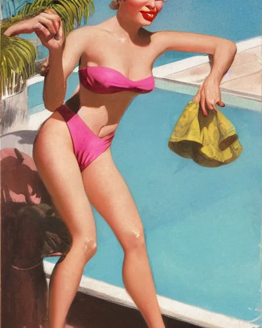 Image similar to tuesday weld swimming in a pink bikini, tuesday weld half immersed in water in a palm springs midcentury swimming pool by gil elvgren, by mort kunstler, by robert maguire