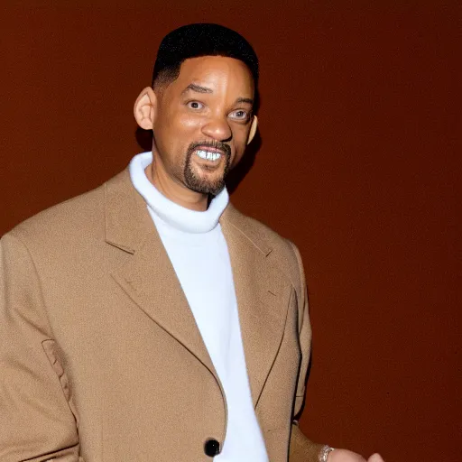 Image similar to will smith wearing running pants, a turtleneck, a zip up windbreaker, a brown coat and fingerless black gloves, photo, film grain