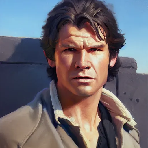 Prompt: greg manchess portrait painting of han solo as overwatch character, medium shot, asymmetrical, profile picture, organic painting, sunny day, matte painting, bold shapes, hard edges, street art, trending on artstation, by huang guangjian and gil elvgren and sachin teng