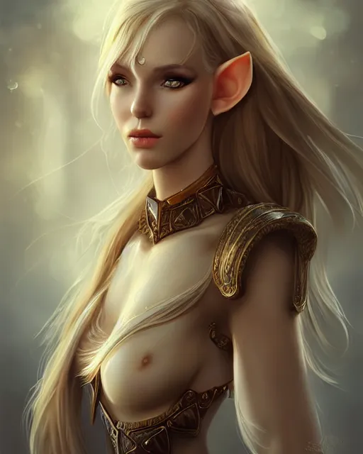 Image similar to beautiful female elf with shimmering hair, symmetrical face and eyes, by Jana Schirmer, cgsociety