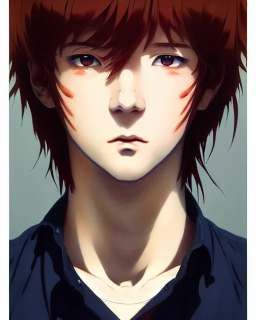 Image similar to portrait Anime as Yevgeny Morgunov actor man cute-fine-face, brown-red-hair pretty face, realistic shaded Perfect face, fine details. Anime. realistic shaded lighting by Ilya Kuvshinov katsuhiro otomo ghost-in-the-shell, magali villeneuve, artgerm, rutkowski, WLOP Jeremy Lipkin and Giuseppe Dangelico Pino and Michael Garmash and Rob Rey