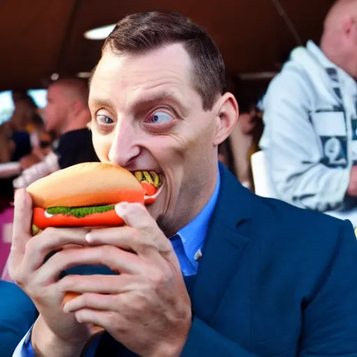 Image similar to Tim Robinson biting his hand instead of the hot dog in his hand