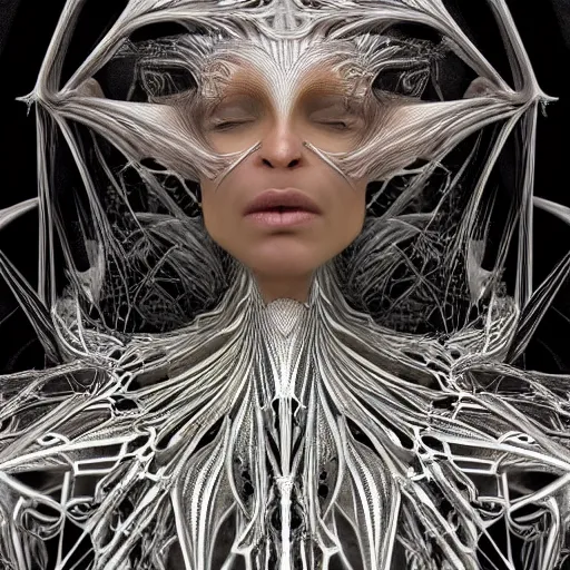 Image similar to dmt elf by zaha hadid, iris van herpen and rick owens. highly detailed, hyper - real, very beautiful, intricate fractal details, very complex, opulent, epic, mysterious, polished, futuristic design, trending on deviantart and artstation