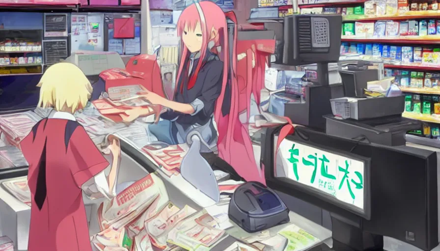 Image similar to Zero Two working the cash register at a rundown 7-Eleven by Ufotable