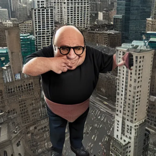 Prompt: 100 foot tall Danny DeVito destroying a city