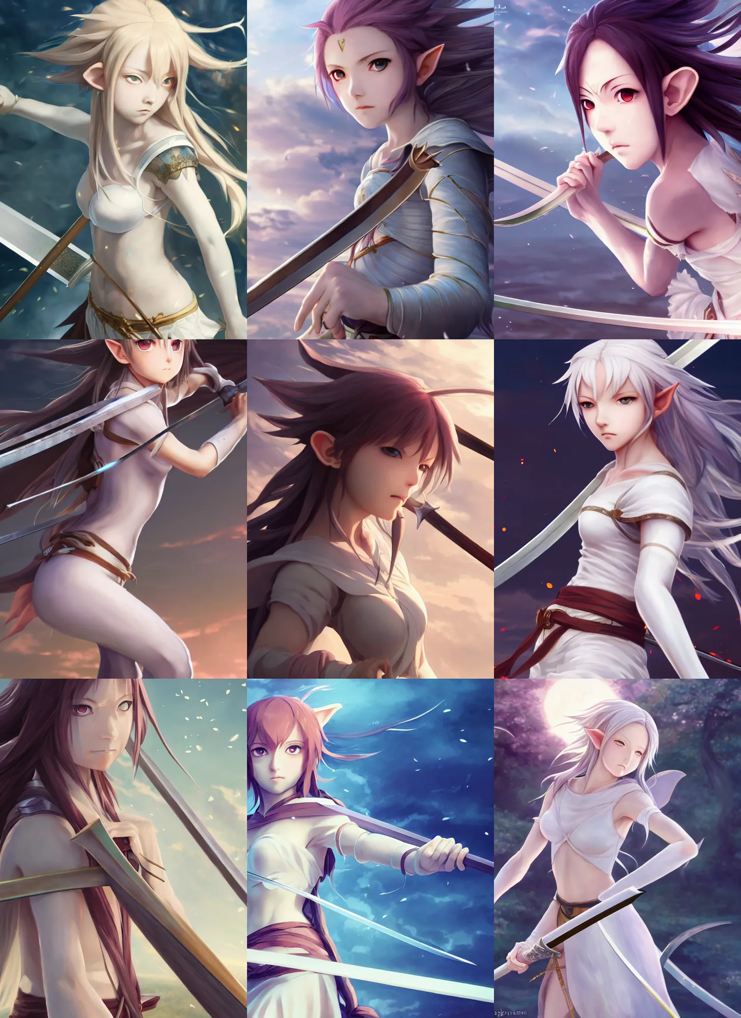 Prompt: renaissance art elf girl with white skin, katana in hand, hair blowing the wind, trending artistic art, soft anime, dynamic photography, fate zero, realistic face, extremely high detailed, bokeh background, studio ghibly makoto shinkai yuji yamaguchi, wlop, genshin