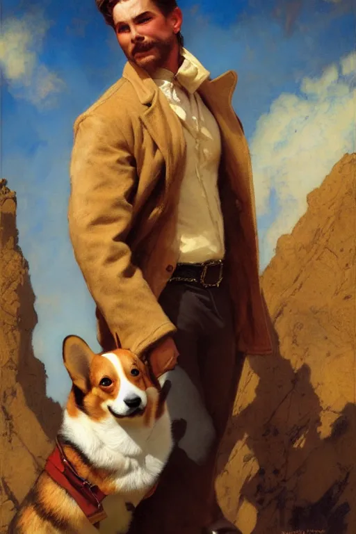Image similar to attractive man holding a corgi matte painting by gaston bussiere, craig mullins, j. c. leyendecker, tom of finland