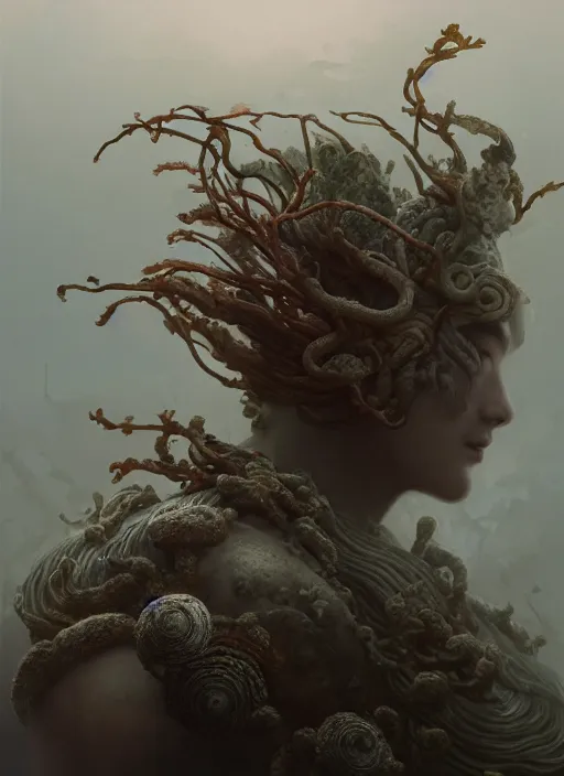 Image similar to Helmet of a forgotten Deity, corals, plume made of seaweed, white snake winding around, extremly detailed digital painting, in the style of Fenghua Zhong and Ruan Jia and jeremy lipking and Peter Mohrbacher, mystical colors, rim light, beautiful lighting, 8k, stunning scene, raytracing, octane, trending on artstation