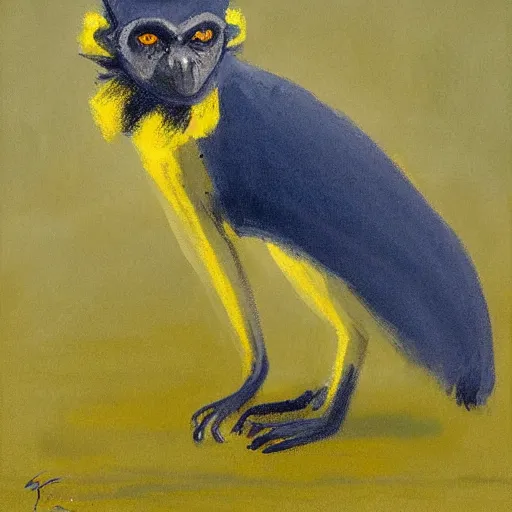 Prompt: long - eared monkey - crow creature wearing a raincoat | tonalist painting | prussian blue and azo yellow, dramatic lighting