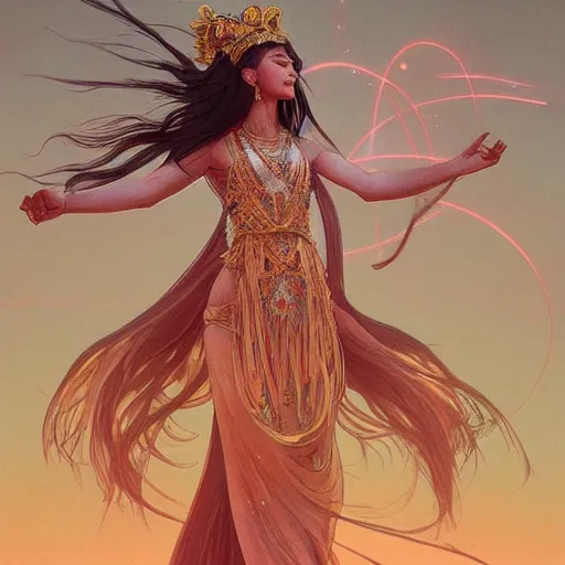 Image similar to a goddess dancing in the desert, glowing, fantasy, intricate and very beautiful and elegant, highly detailed, digital painting, artstation, concept art, smooth and sharp focus, illustration, art by tan zi and ayanamikodon and alphonse mucha and wlop
