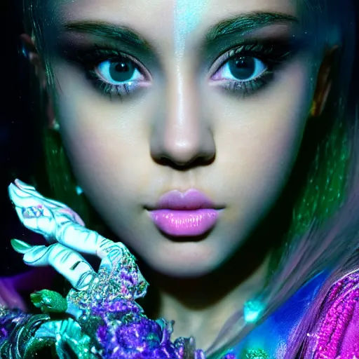 Prompt: Ethereal, mysterious stunning maximalist mesmerizing cyberpunk Ariana Grande Selena Gomez Miley Cyrus Dora The Explorer from the rainbow sky paradise, high-tech, professional high fashion model photo shoot, hyperdetailed by Mark Ryden and artgerm and Hiroyuki-Mitsume Takahashi, close-up 35mm macro shot, hyperrealism, 8k resolution 3D, cinematic, dynamic lighting, octane render, unreal engine 5