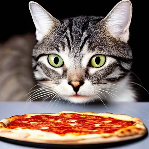Prompt: cat with large eyes staring at a pizza