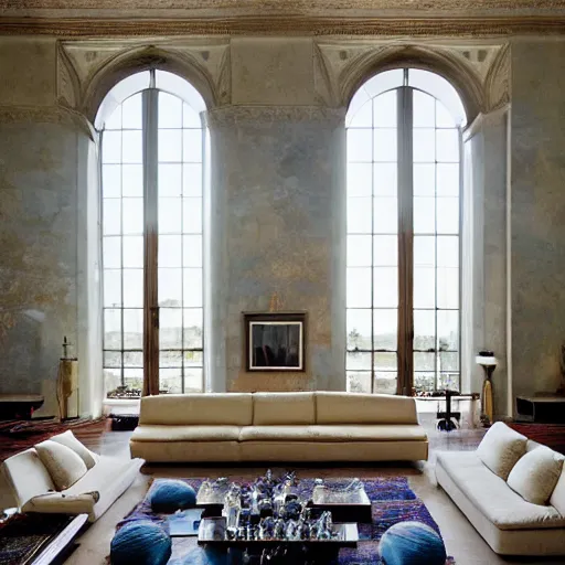 Prompt: giant Italian modern castle living room, clean minimalist design, that is 1300 feet tall, with very tall giant walls filled with modern art paintings, doors that are cosmic portals, photo by Annie Leibovitz