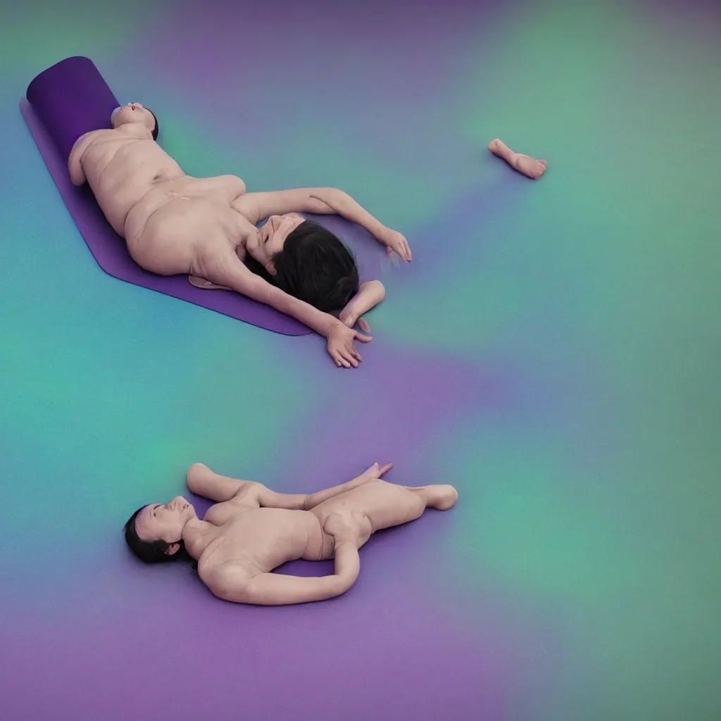 Image similar to cinestill of glitch iridiscent oil slick corpses connected by tubes to wax technical forms to a buried baby relaxing on yoga mat, faded, iridiscent gradient, purple fog, depth of field, blur, very detailed, by nadav kander and hans bellmer, 8 k, ultrarealistic, sad atmosphere, cinematic, 8 5 mm lens