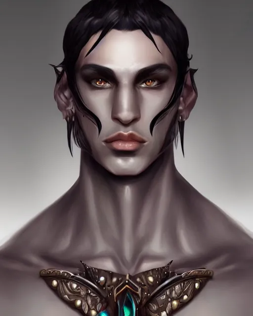 Prompt: a handsome noble male dark elf, obsidian skin, jewels, fantasy, intricate, elegant, highly detailed, digital painting, artstation, concept art, sharp focus, illustration