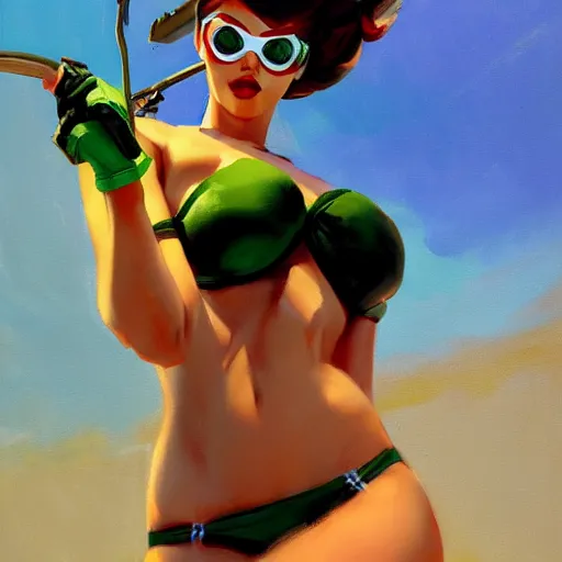 Image similar to pinup overwatch tracer in a green bikini thong, artwork by greg manchess, medium shot, asymmetrical, organic painting, sunny day, matte painting, bold shapes, hard edges, street art, trending on artstation, by huang guangjian and gil elvgren and sachin teng