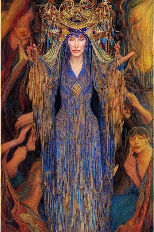 Image similar to cate blanchett , by jean delville and Gaston Bussière and Tino Rodriguez and Diego Rivera , elaborate headdress and embroidered velvet, iridescent beetles, rich color, dramatic cinematic lighting, extremely detailed