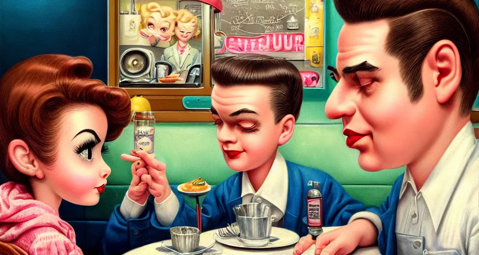 Image similar to closeup profile portrait of a 1 9 5 0 s diner, nicoletta ceccoli, mark ryden, lostfish, max fleischer, hyper realistic, artstation, illustration, digital paint, matte paint, vivid colors, bright, cheerful, detailed and intricate environment