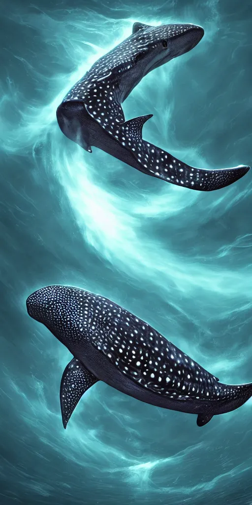 Image similar to A bioluminescent whale shark jumping out of a glowing tornado, lovecraft, coherent, symmetrical, intricate, high detail, digital painting, fantasy painting, visionary art, octane render, 4k, trending on artstation