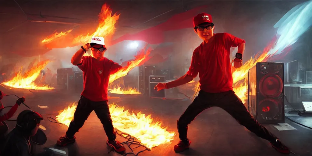 Prompt: character art by ruan jia, young jet li wearing wayfarer glasses and red baseball hat at a music concert, on fire, fire powers, room filled with computer equipment, computer monitors, network cables