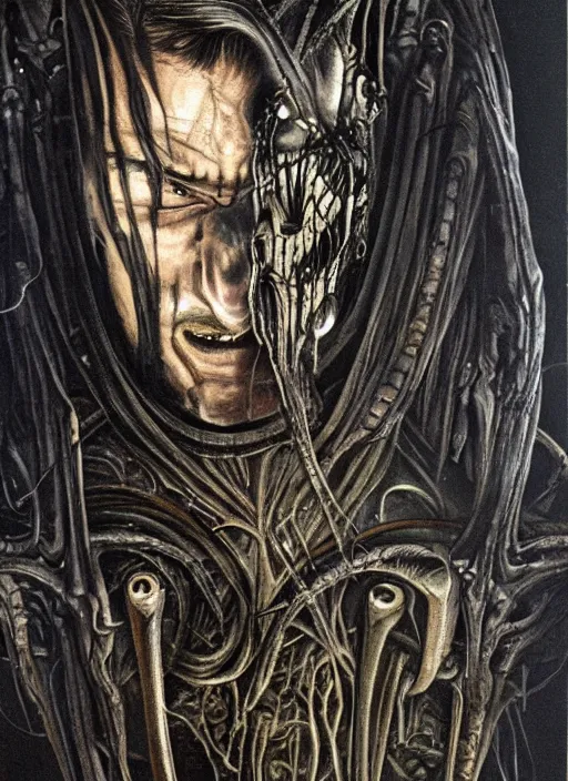 Prompt: orlando bloom, necronom v, painting by h. r. giger