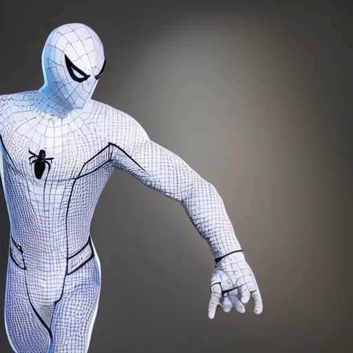 Image similar to white spider - man suit with black web lining, cinematic, volumetric lighting, realistic, hyperdetailed, photorealistic, photograph