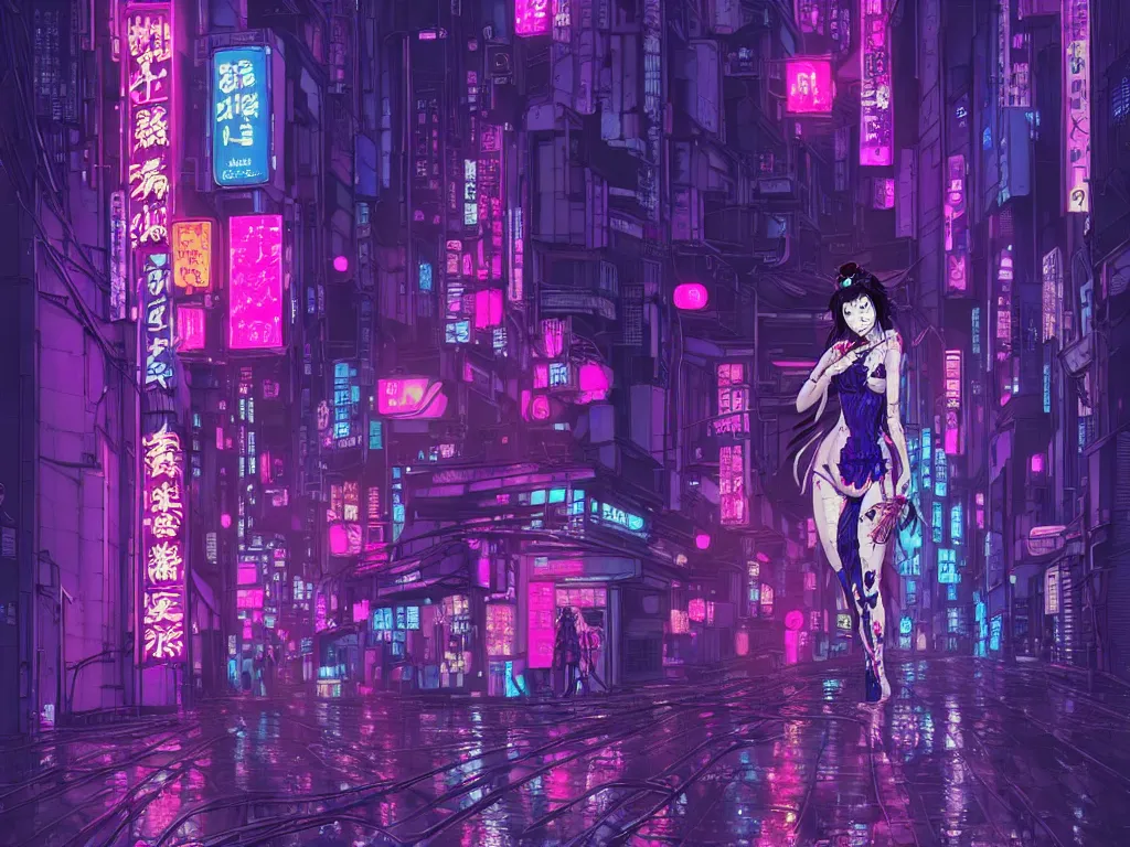 Prompt: high detailed lone dead geisha in a cyberpunk rainy city at night by Josan Gonzalez, purple and pink and blue neons, unreal engine, high quality, 4K, UHD, trending on ArtStation, wires, blade runner vibes, ghost in the shell, akira, dorohedoro