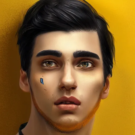 Image similar to ultra realistic illustration, a young man with black hair, in a yellow t - shirt, with blue eyes, highly detailed, digital painting, artstation, concept art, smooth, sharp focus, illustration