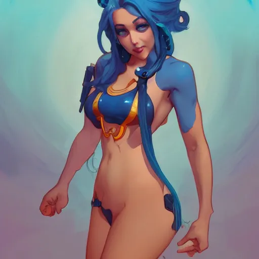 Prompt: beautiful girl with blue hair wearing a bikini, symmetrical face, character concept, character concept art, by Peter Mohrbacher and Alphonse Mucha, overwatch, weapon, detailed, style, 8k, trending on artstation, unreal