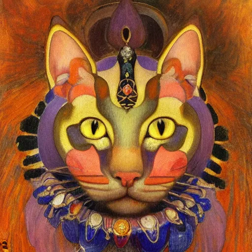 Image similar to masterpiece painting of an ornate bejeweled cat head, by annie swynnerton and diego rivera and nicholas roerich and jean delville, symbolist, dramatic lighting, god rays, elaborate geometric ornament, art brut, rich colors, smooth, sharp focus, extremely detailed, adolf wolfli and ( donato giancola )