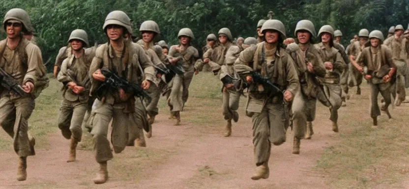 Image similar to american soldiers in vietnam war running in the djungel