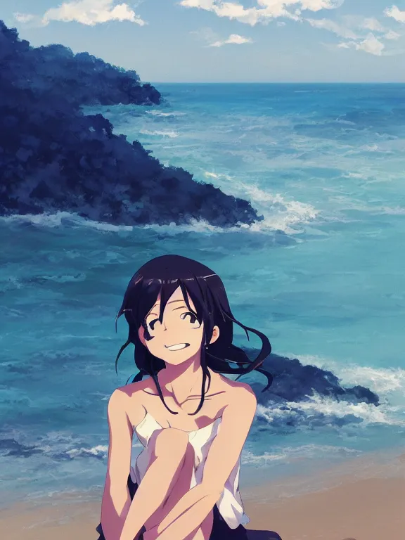 Image similar to Portrait of a happy anime woman on the beach near the ocean, by makoto shinkai