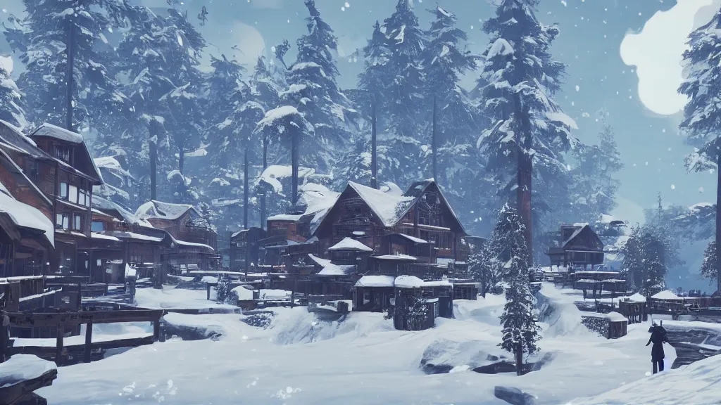 Image similar to beautiful Nier Automata landscape at a ski station, winter