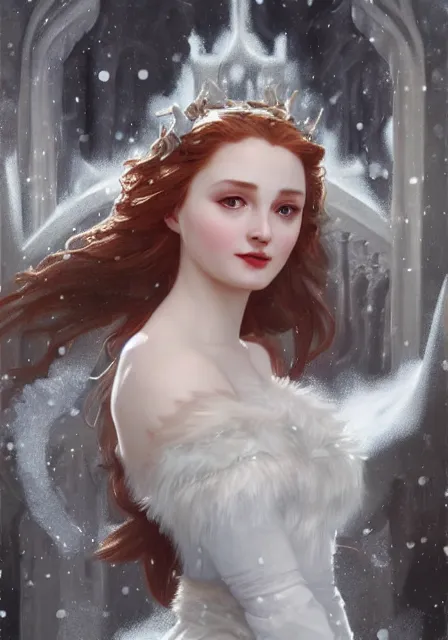 Prompt: sansa snow queen furry ice cold winter, intricate, elegant, highly detailed, digital painting, artstation, concept art, smooth, sharp focus, illustration, art by artgerm and greg rutkowski and alphonse mucha and william - adolphe bouguereau