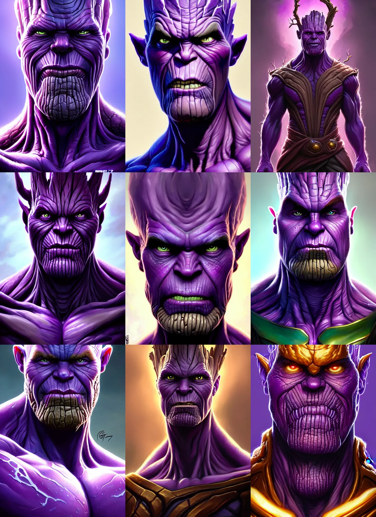 Prompt: a fantasy style portrait painting a character if groot and thanos had a son purple skin, powerful chin, thanos style traits, painting, unreal 5, daz., rpg, portrait, extremely detailed, artgerm greg rutkowski _ greg