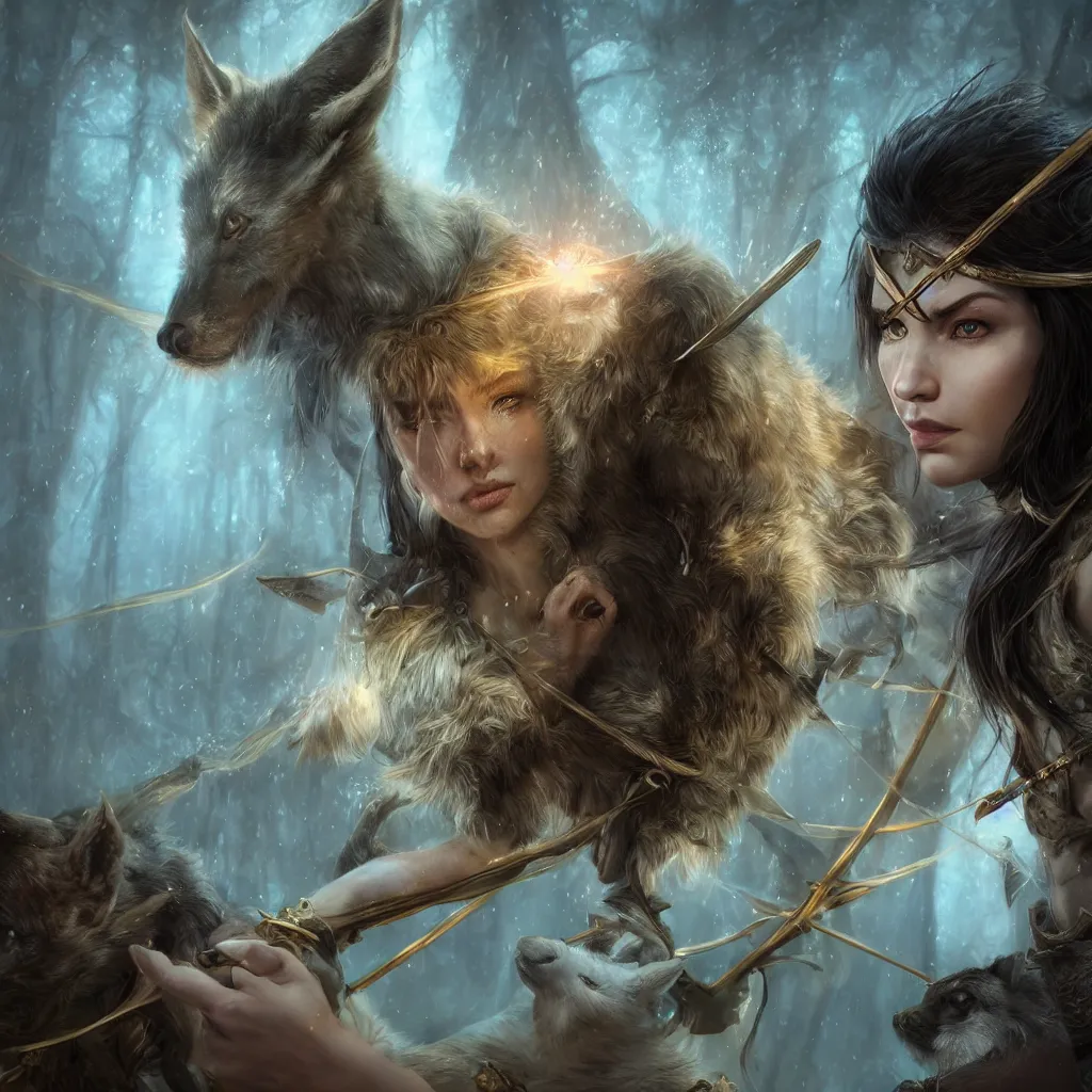 Prompt: Photorealistic close-up fantasy portrait of one single powerful angry female D&D elf ranger holding a longbow, with a pet wolf. Magical occult photorealism, UHD, amazing depth, glowing, golden ratio, 3D octane cycle unreal engine 5, volumetric lighting, cinematic lighting, cgstation artstation concept art