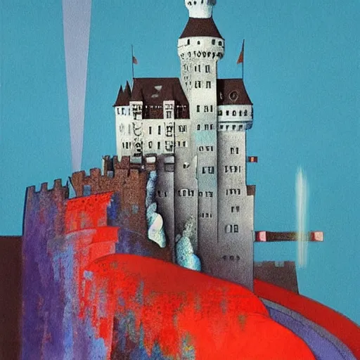 Prompt: a painting of a castle with a waterfall in front of it. digital painting, vertical, intricate, beautiful, detailed, grunge, sharp focus, abstract art by el lissitzky and artgerm and kandinsky, trending on artstation. blue, dark red and dark purple color scheme, gradient darker to bottom