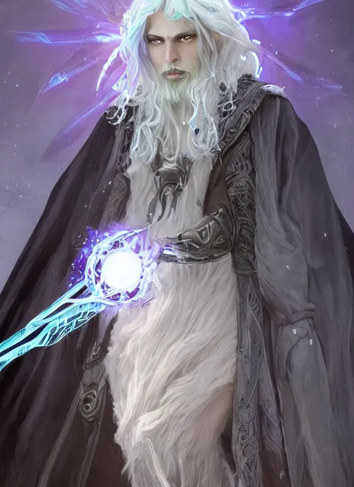 Image similar to Portrait of hexblade warlock aasimar, white glowing eyes, silver shaggy hair, short scruffy beard, cloak, teal ethereal tendril wings, male, fantasy, extremely detailed, digital painting, artstation, concept art, smooth, sharp focus, illustration, stunning lighting, art by artgerm and greg rutkowski and alphonse mucha and simon stalenhag, realistic character concept, high fantasy, light atmosphere, golden ratio, cinematic lighting, hyperdetailed, high resolution, insanely detailed and intricate, artstation, Marc Simonetti, Greg Rutkowski, 8k, 4k