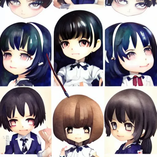 Image similar to collage of, portrait watercolor painting of nendoroid eyes kawaii chibi with black hair and hime cut by krenz cushart ilya kuvshinov pixiv key visual manga cover, artstation