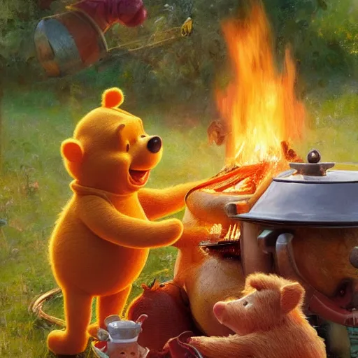 Image similar to close up of winnie the pooh cooking a hog roast, cinematographic shot, by daniel f. gerhartz