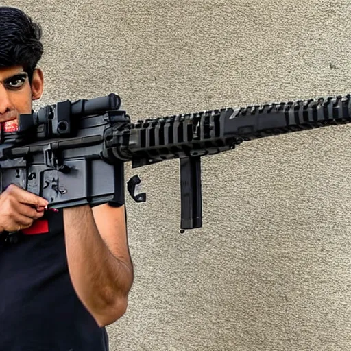 Image similar to Medium shot photograph of Rishi Sunak holding an ar-15, 8k, ultrahd