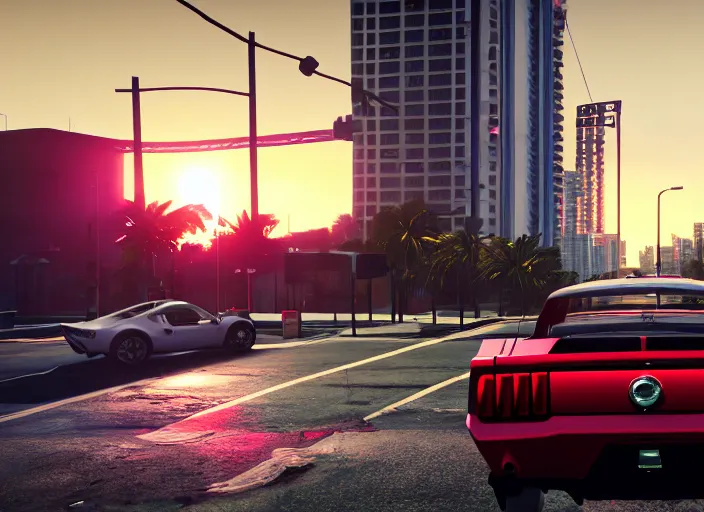 Image similar to still next - gen ps 5 game grand theft auto 6 2 0 2 4 remaster, graphics mods, rain, red sunset, people, rtx reflections, gta vi, miami, palms and miami buildings, photorealistic screenshot, unreal engine, 4 k, 5 0 mm bokeh, close - up ford mustang, gta vice city remastered, artstation