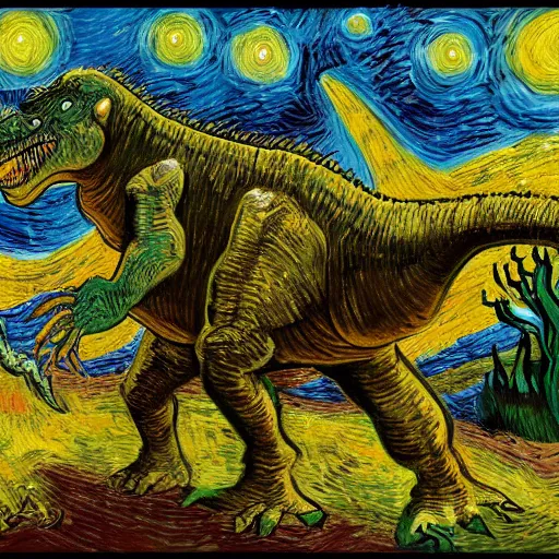 Prompt: painting of the extinction of the dinosaurs, in the style of vincent van gogh