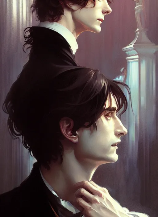 Prompt: dorian gray with a woman, digital painting, artstation, concept art, smooth, sharp focus, illustration, art by artgerm and greg rutkowski and alphonse mucha